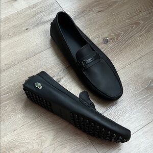 LACOSTE MENS BLACK LEATHER LOAFERS SIZE 12